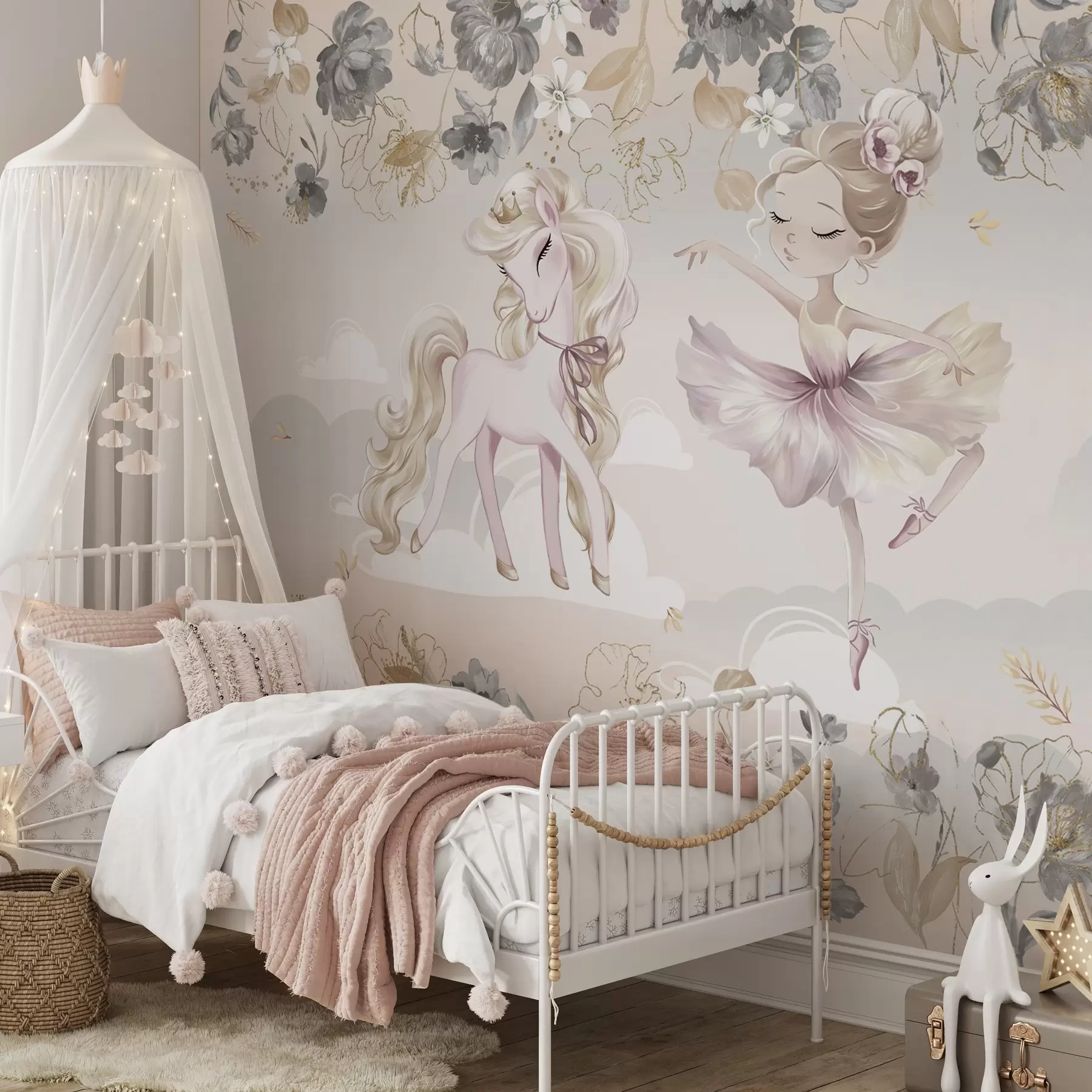 wall murals Snow-white pony and ballerina among flowers and clouds w04419