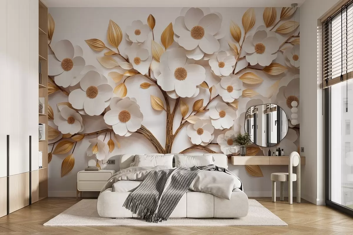 wall murals Tree with white flowers and imitation of relief leaves w09348