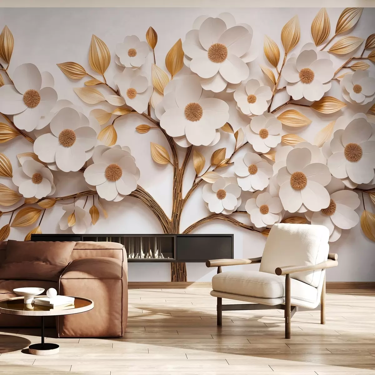 wall murals Tree with white flowers and imitation of relief leaves w09348