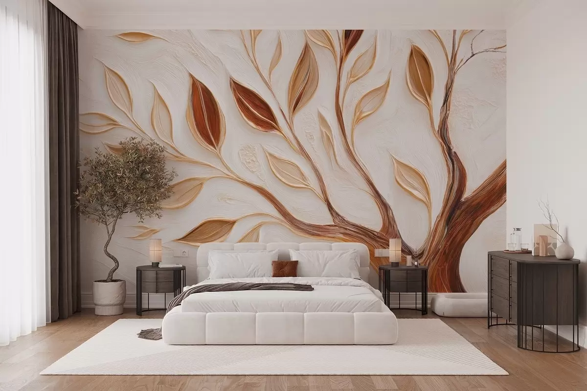 wall murals Decorative tree with leaves and imitation of a textured background w09349