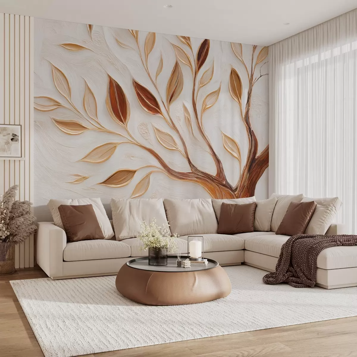 wall murals Decorative tree with leaves and imitation of a textured background w09349