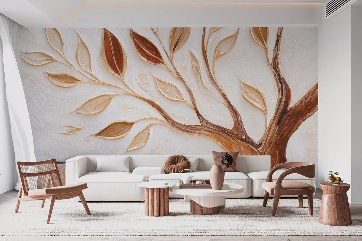 wall murals Decorative tree with leaves and imitation of a textured background w09349