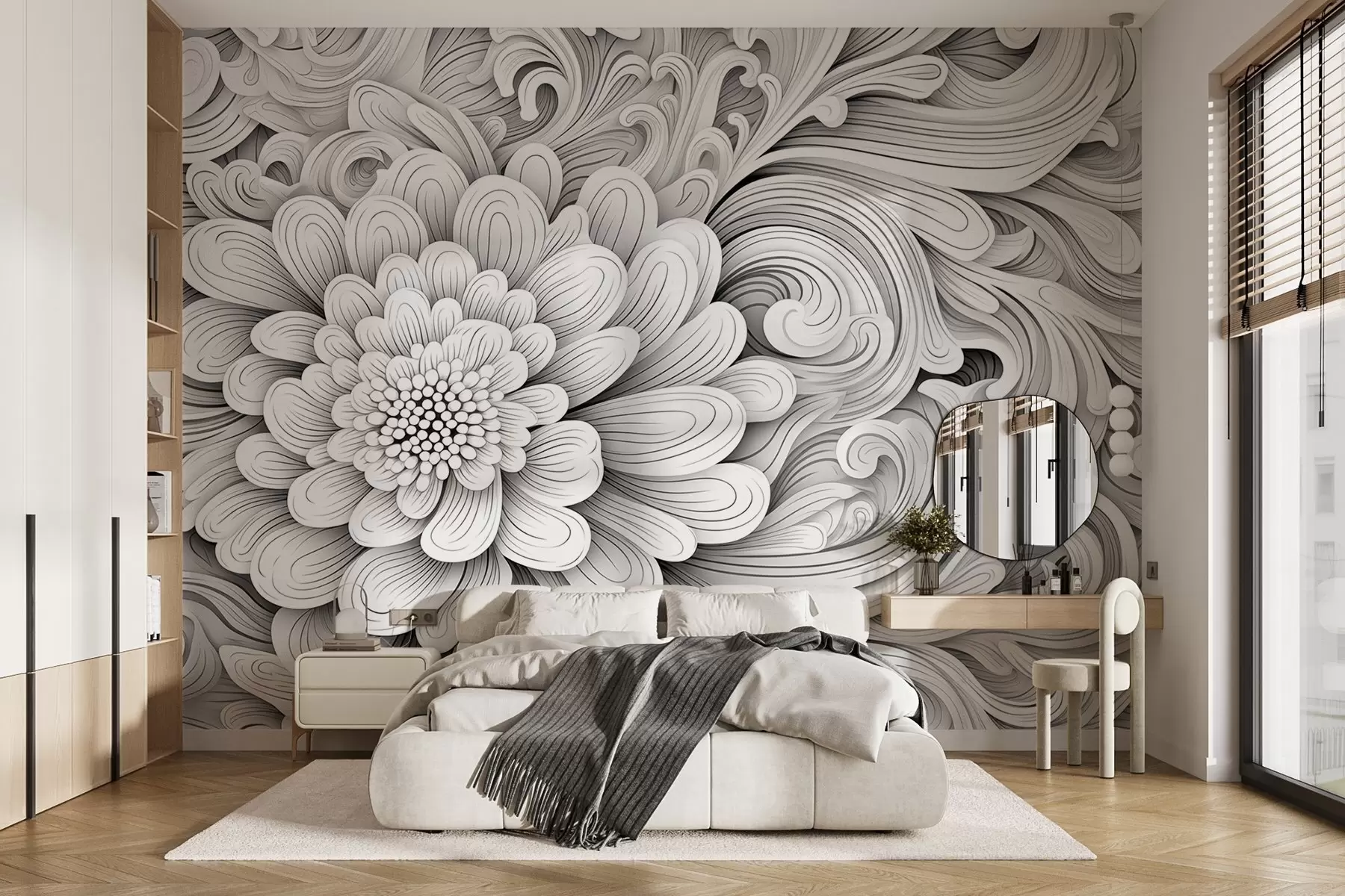 wall murals Decorative black and white pattern in the form of a flower and swirls w09355