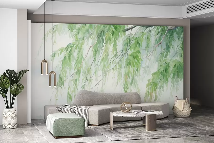 wall murals Weeping willow branches with green leaves hanging down, soft and delicate brushstrokes, watercolor painting style w09365