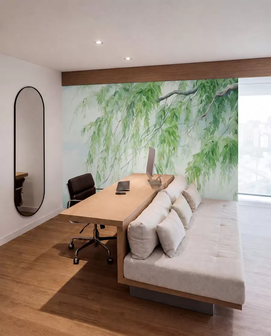 wall murals Weeping willow branches with green leaves hanging down, soft and delicate brushstrokes, watercolor painting style w09365