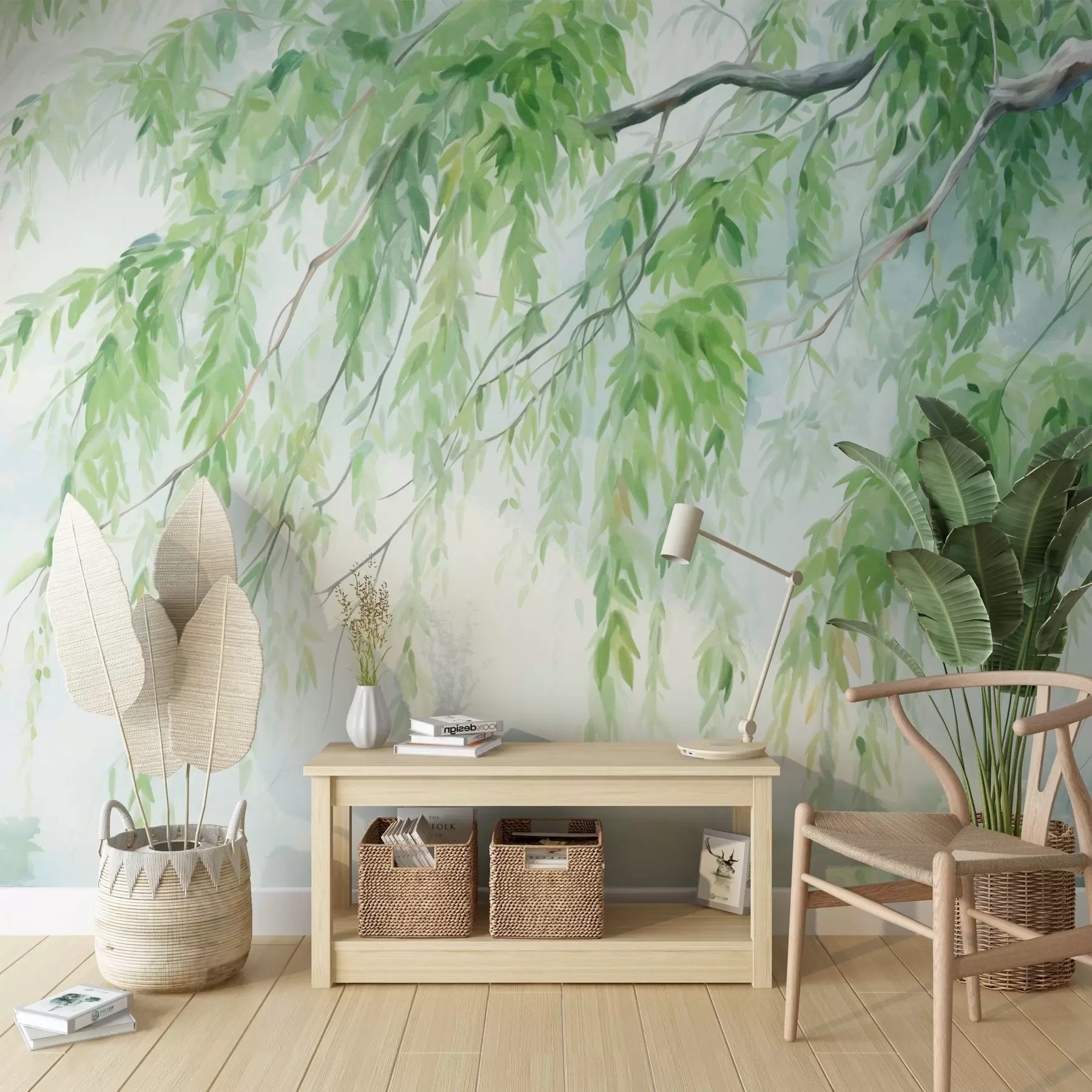 wall murals Weeping willow branches with green leaves hanging down, soft and delicate brushstrokes, watercolor painting style w09365