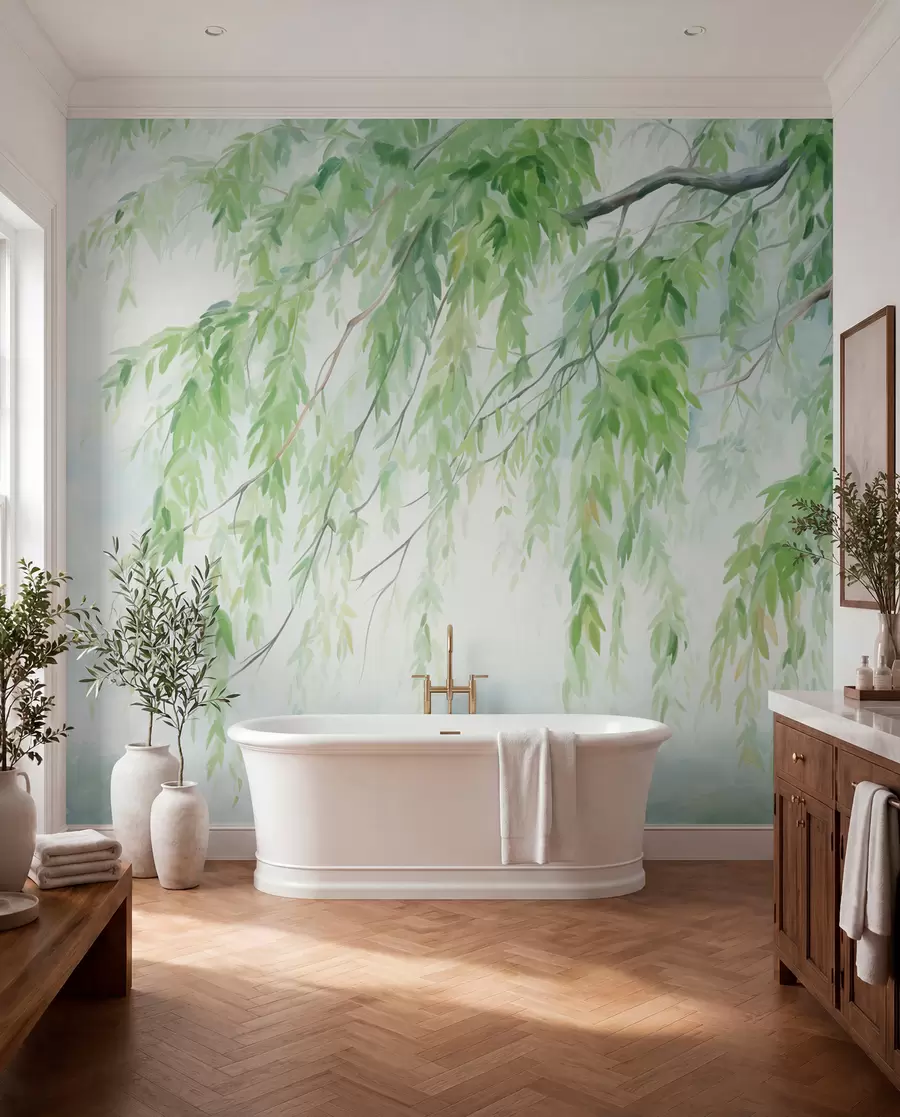 wall murals Weeping willow branches with green leaves hanging down, soft and delicate brushstrokes, watercolor painting style w09365