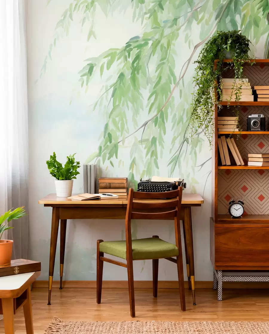 wall murals Weeping willow branches with green leaves hanging down, soft and delicate brushstrokes, watercolor painting style w09365