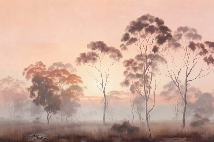 wall murals A landscape with eucalyptus trees in a field with pastel pink and orange sky, a light mist, painting textured style w09367