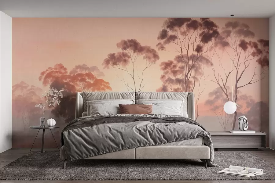 wall murals A landscape with eucalyptus trees in a field with pastel pink and orange sky, a light mist, painting textured style w09367