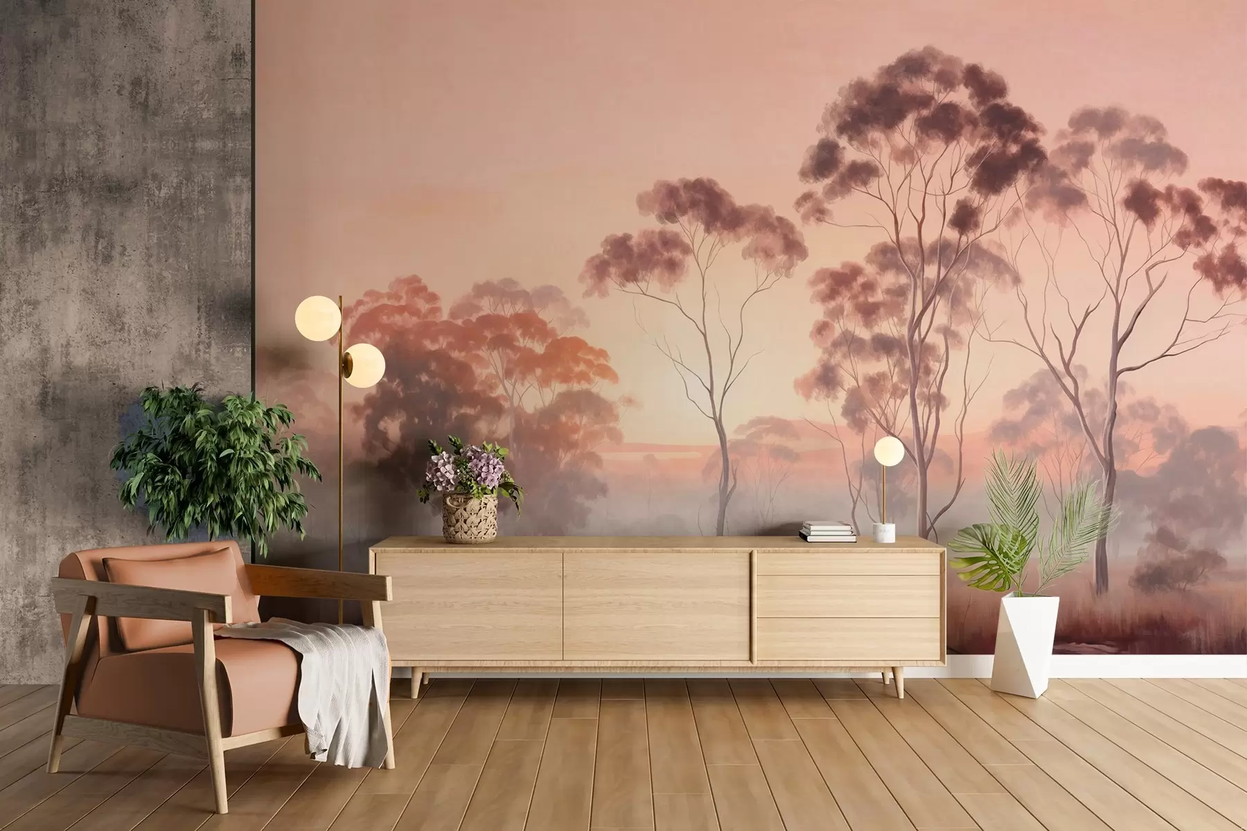 wall murals A landscape with eucalyptus trees in a field with pastel pink and orange sky, a light mist, painting textured style w09367