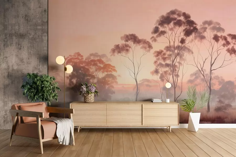 wall murals A landscape with eucalyptus trees in a field with pastel pink and orange sky, a light mist, painting textured style w09367