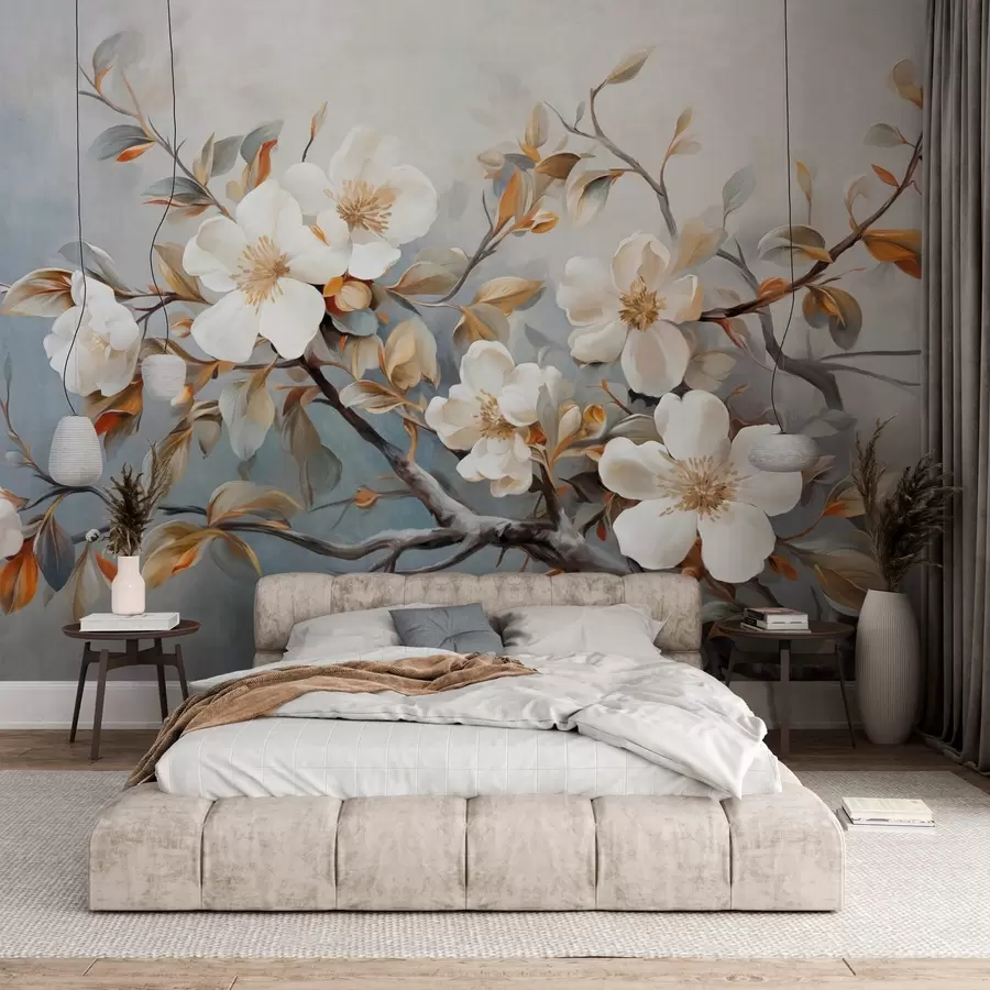 wall murals White flowers with yellow pistils on a tree branch with leaves, light background, vintage painting style, textured print w09368