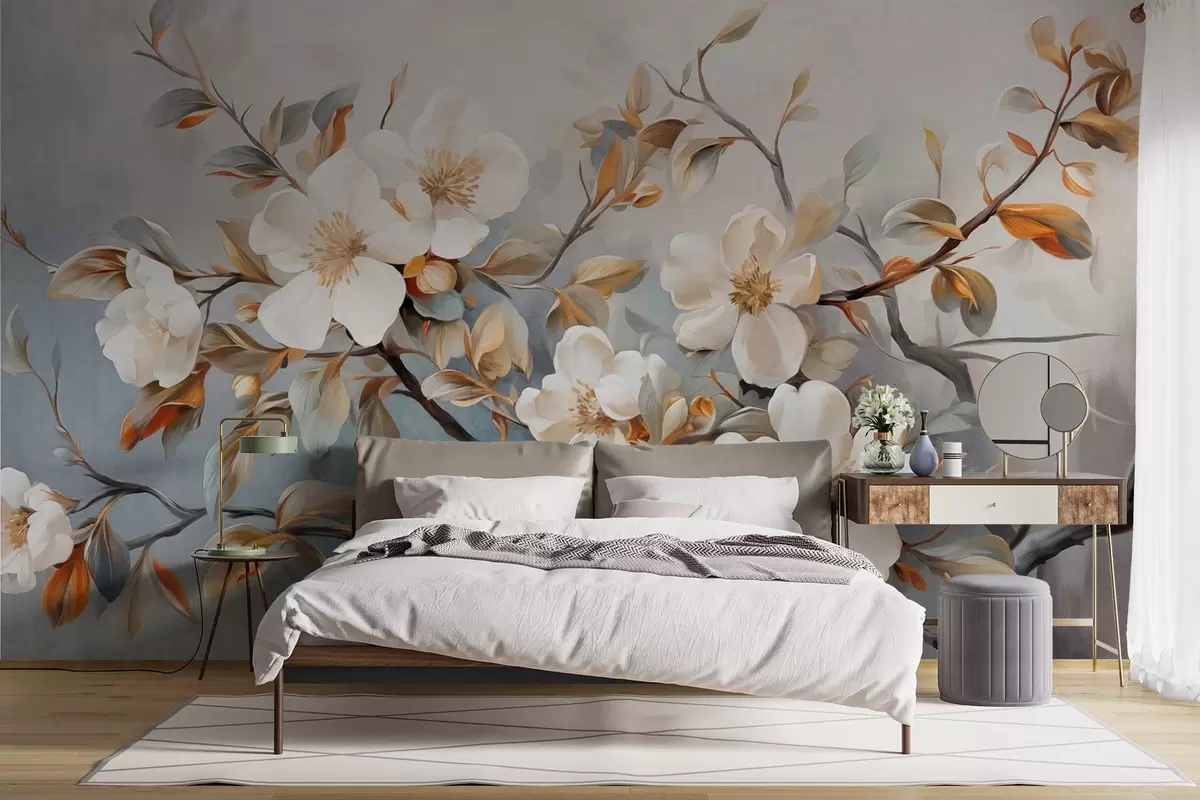wall murals White flowers with yellow pistils on a tree branch with leaves, light background, vintage painting style, textured print w09368