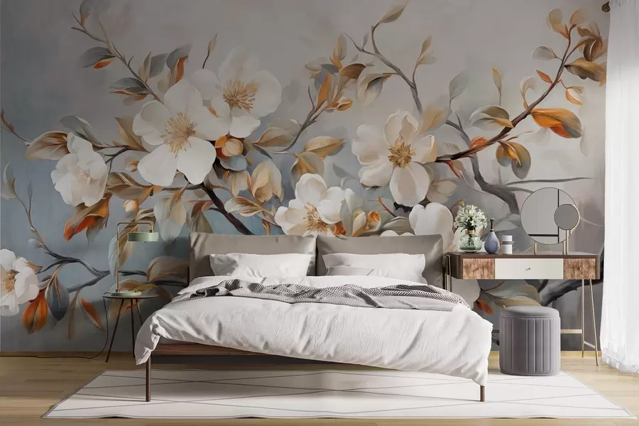 wall murals White flowers with yellow pistils on a tree branch with leaves, light background, vintage painting style, textured print w09368