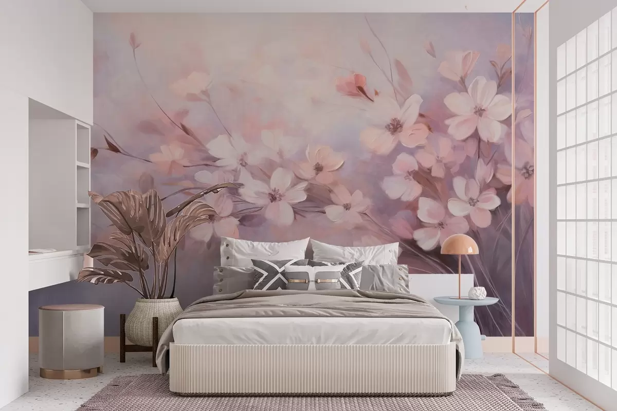 wall murals A floral arrangement with delicate flowers with soft, blurred edges, against a pastel background of lavender and light pink hues w09369