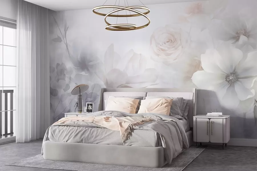 wall murals A delicate abstract floral arrangement with pastel pink roses and magnolias, soft focus, light gray background w09371