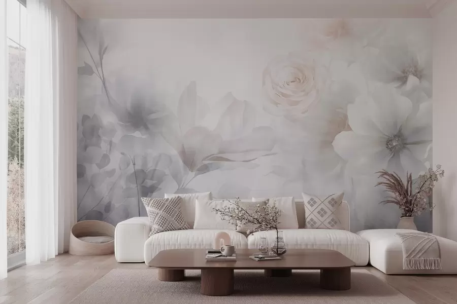 wall murals A delicate abstract floral arrangement with pastel pink roses and magnolias, soft focus, light gray background w09371