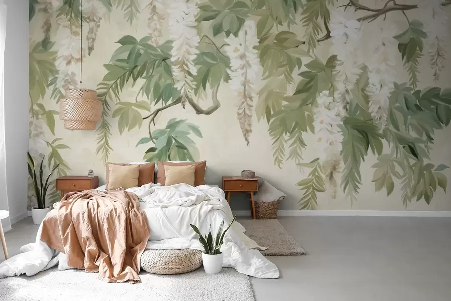 wall murals Wisteria branches with white flowers and green leaves, green background, textured vintage painting style w09375
