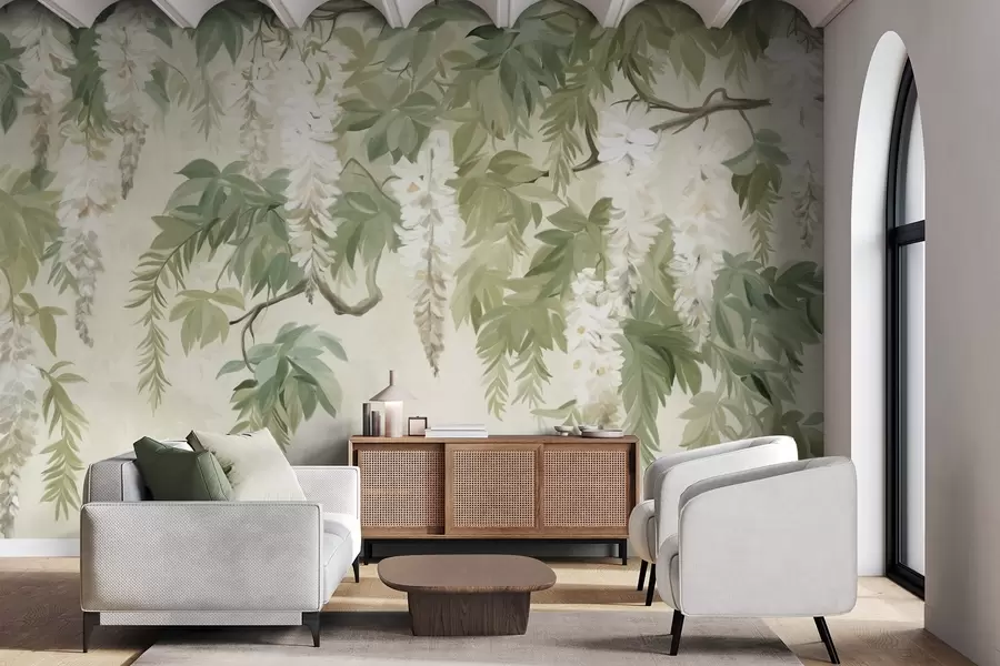 wall murals Wisteria branches with white flowers and green leaves, green background, textured vintage painting style w09375