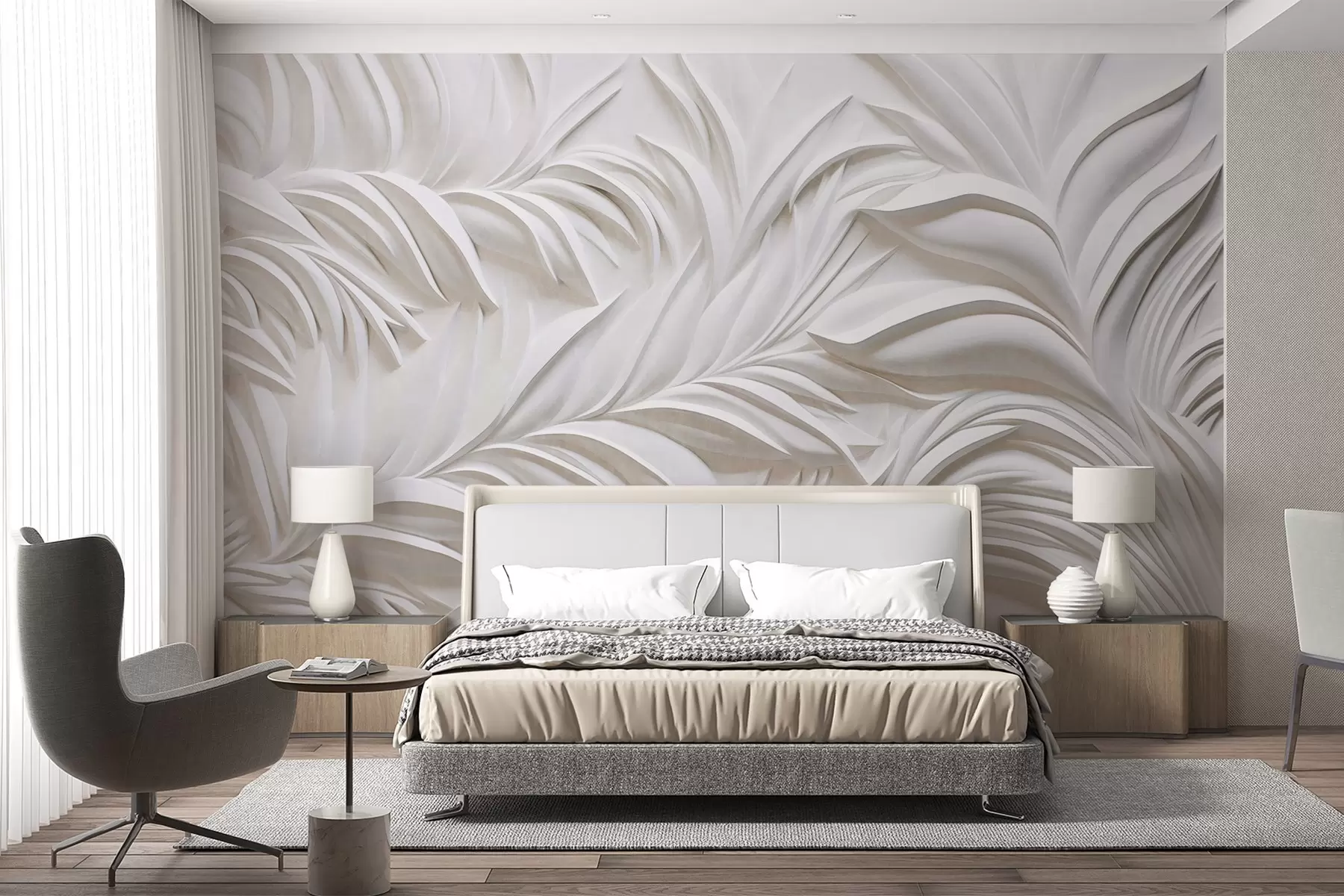 wall murals Abstract textured white leaves and floral elements, minimalist aesthetic w09378