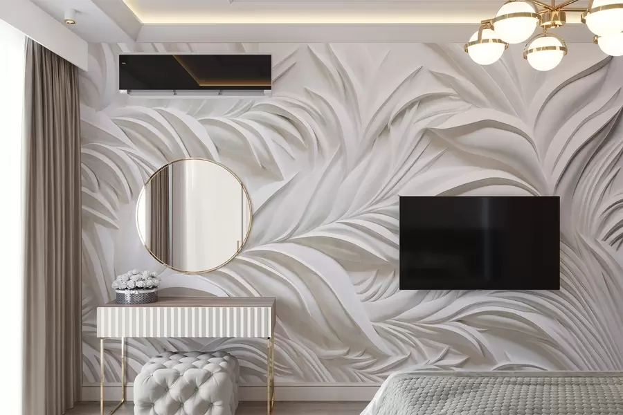 wall murals Abstract textured white leaves and floral elements, minimalist aesthetic w09378