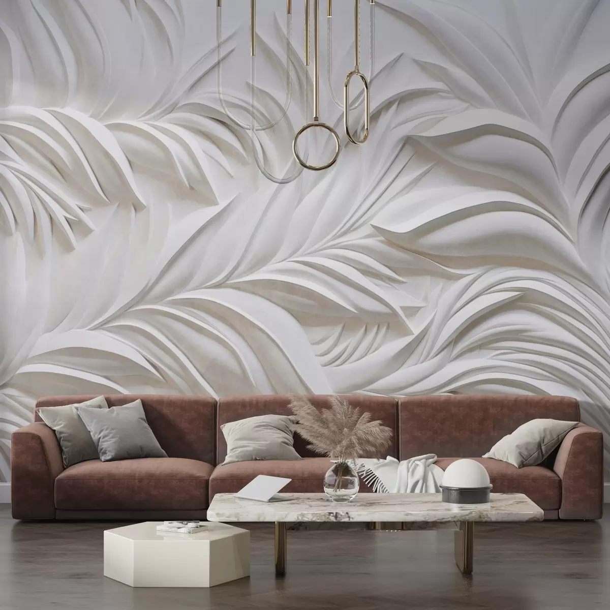 wall murals Abstract textured white leaves and floral elements, minimalist aesthetic w09378