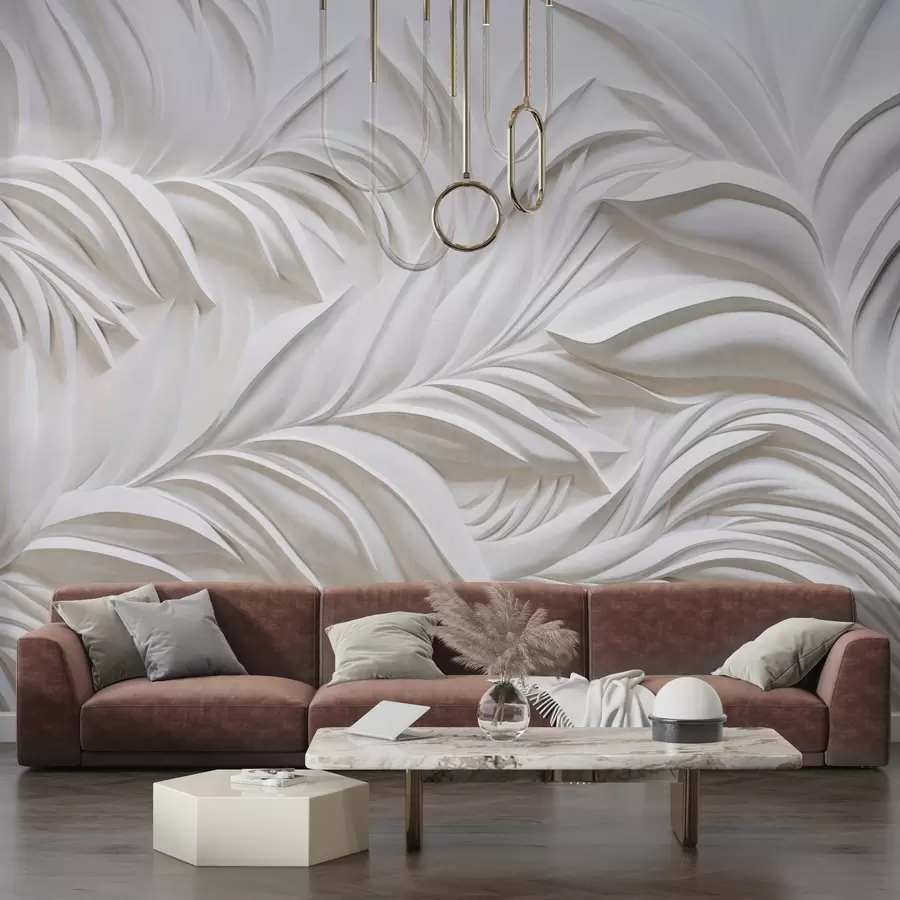 wall murals Abstract textured white leaves and floral elements, minimalist aesthetic w09378