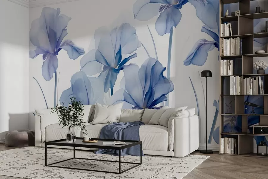 wall murals Blue iris flowers with translucent petals and long stems, arranged in a row against a blue background, soft and textured w09379