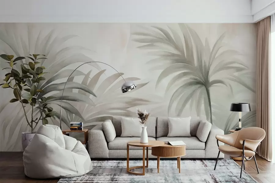 wall murals Palm tree textured leaves in neutral colors, beige abstract background, soft brush strokes, tropical textured foliage w09380