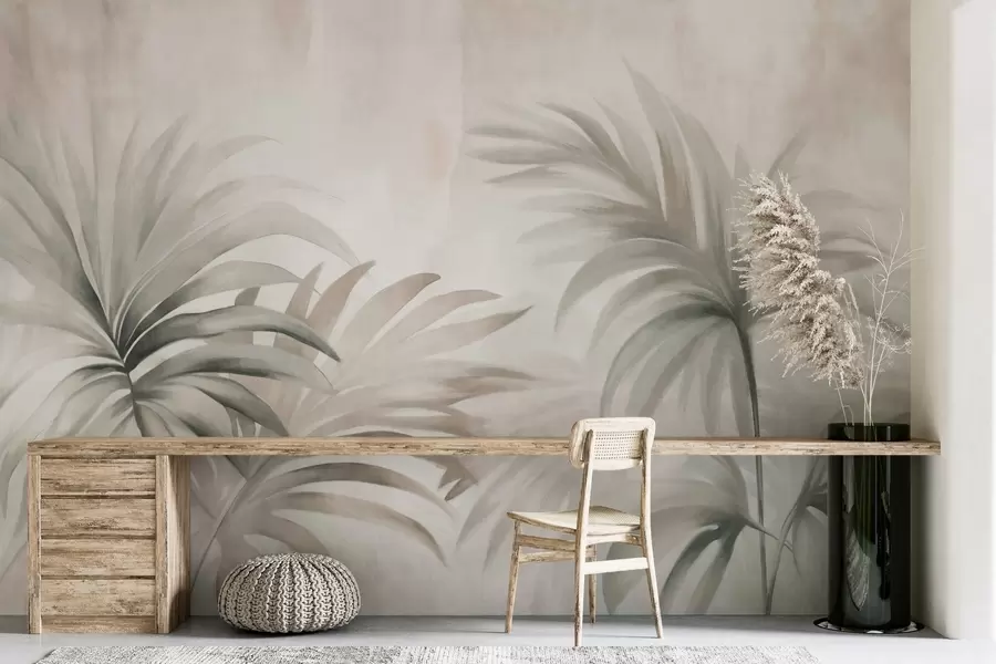 wall murals Palm tree textured leaves in neutral colors, beige abstract background, soft brush strokes, tropical textured foliage w09380