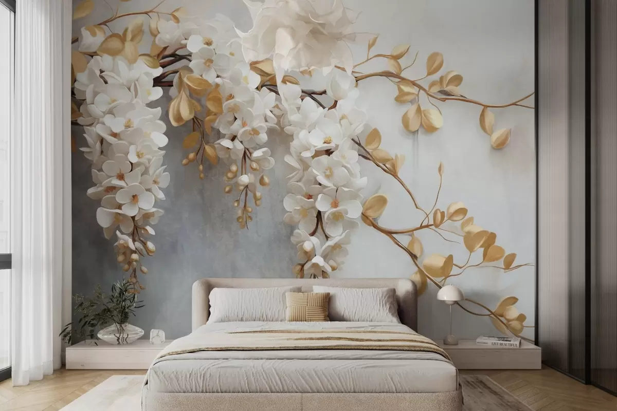 wall murals White wisteria flowers with yellow leaves on a branch, cascading down against a textured white background, delicate petals w09381