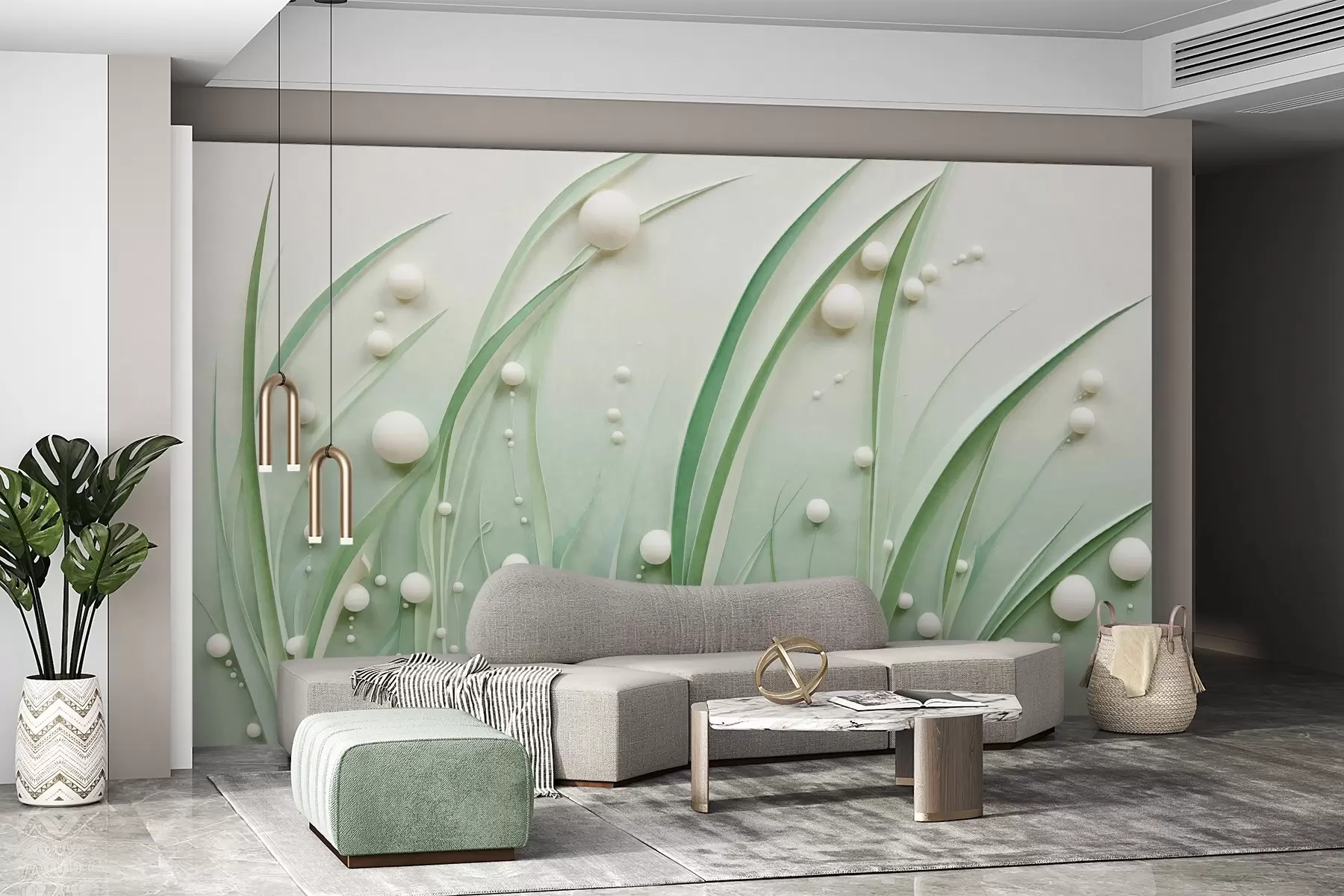 wall murals Abstract green grass with white spheres, light green background, textured, clean lines, minimalist style w09382