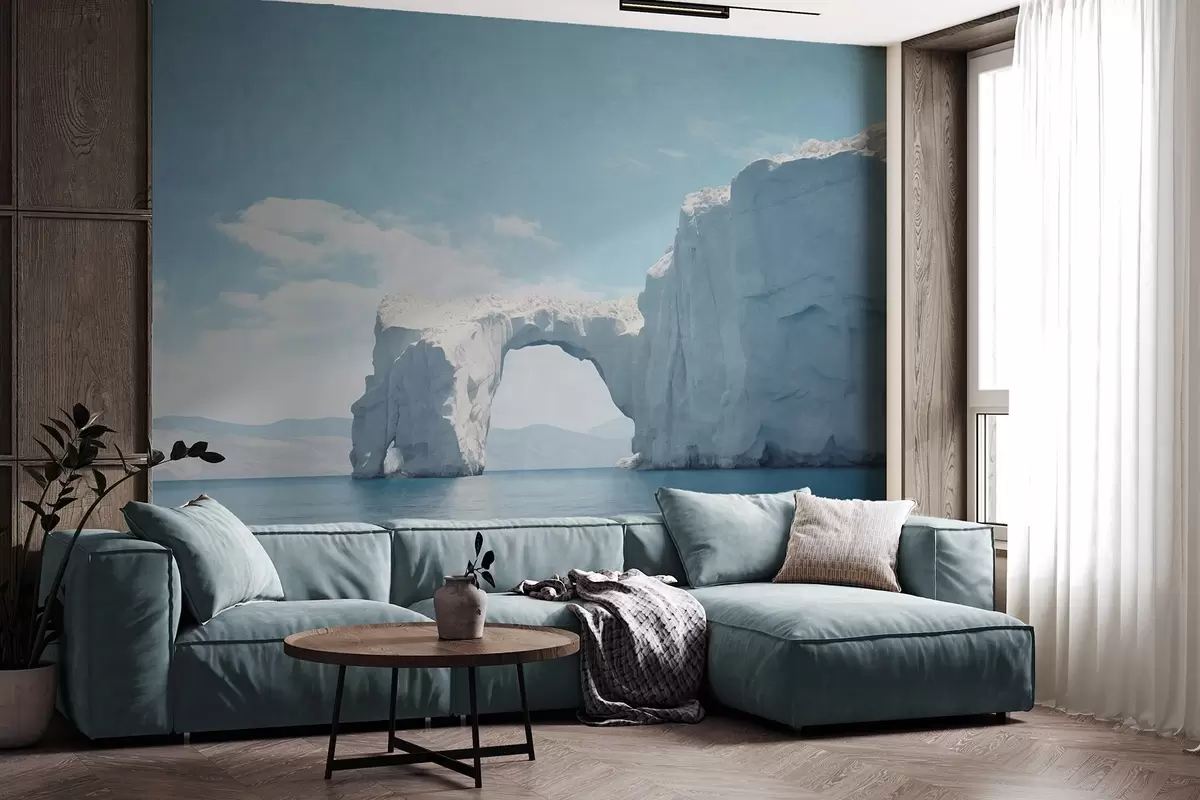 wall murals Landscape with natural ice bridge over the ocean , clear blue sky with some clouds, textured print w09383