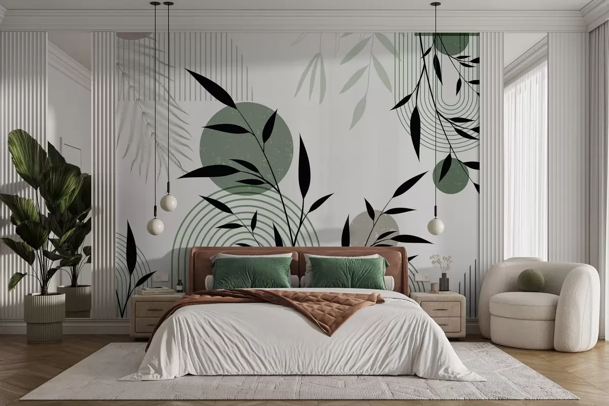 wall murals Textured abstract print with geometric shapes, circles and arches and black and green plants on a white background w09384