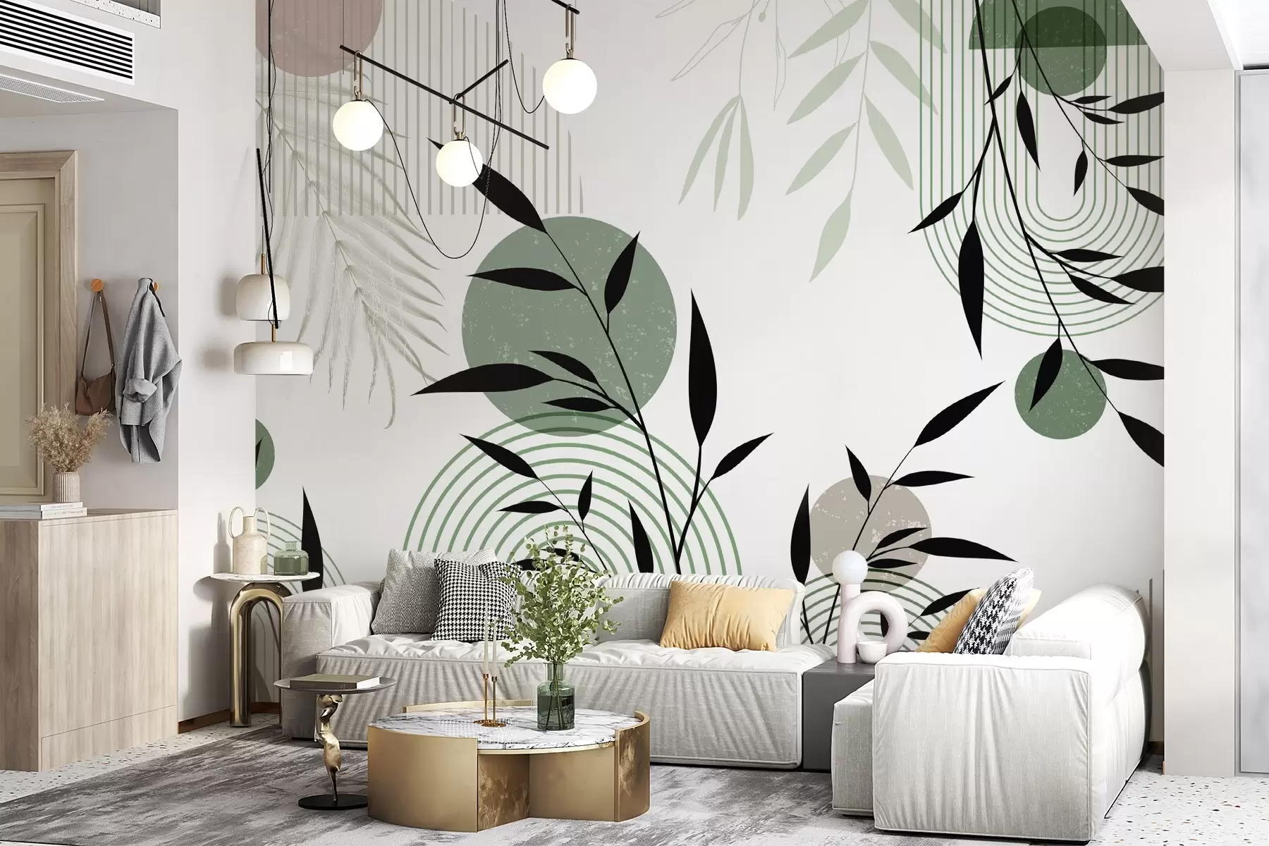 wall murals Textured abstract print with geometric shapes, circles and arches and black and green plants on a white background w09384