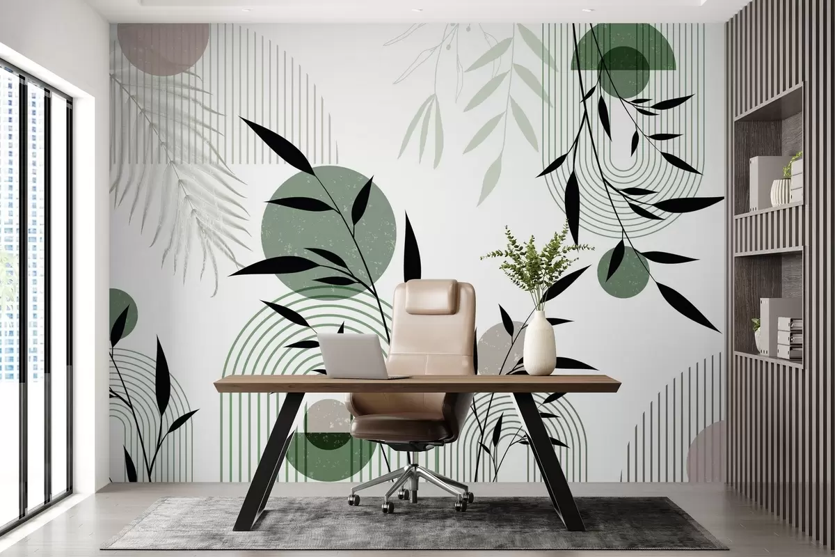 wall murals Textured abstract print with geometric shapes, circles and arches and black and green plants on a white background w09384