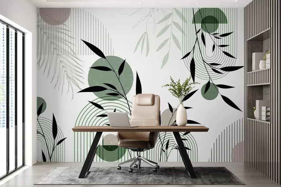 wall murals Textured abstract print with geometric shapes, circles and arches and black and green plants on a white background w09384