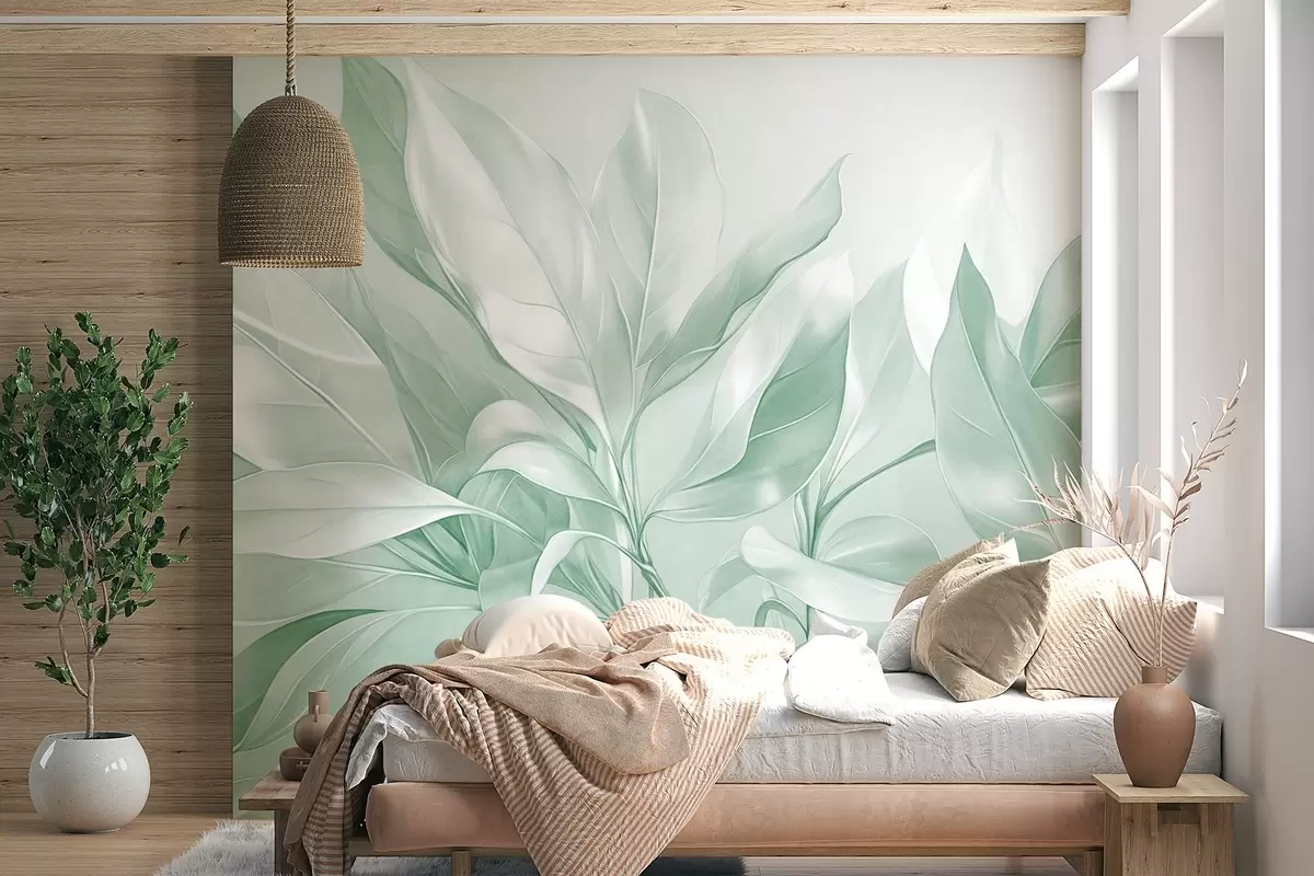 wall murals Magnolia leaves with white and green tones, soft lighting, elegant composition, detailed leaf veins, artistic brushstrokes w09385v1