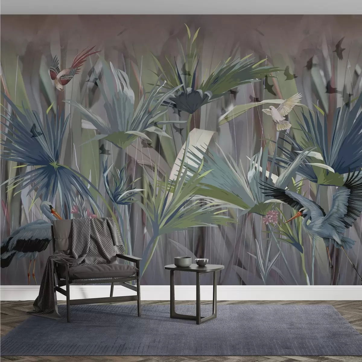 wall murals Exotic birds among palm leaves and flowers w04458