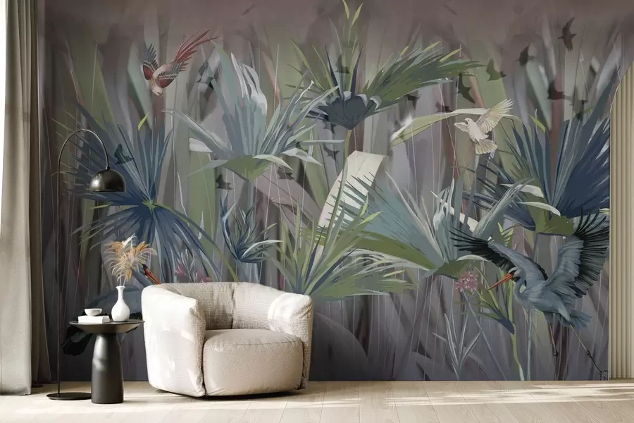 wall murals Exotic birds among palm leaves and flowers w04458