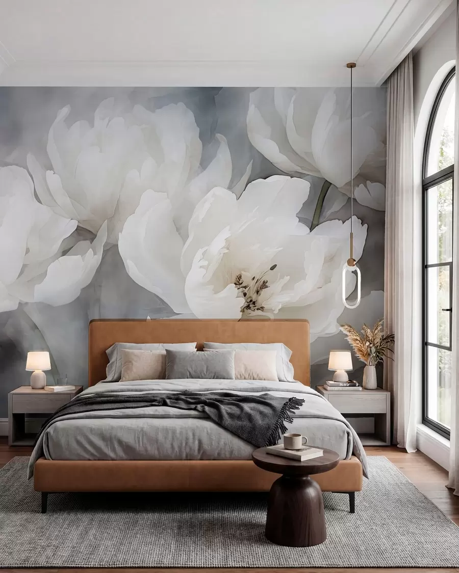 wall murals White flowers on a misty, delicate background w04441