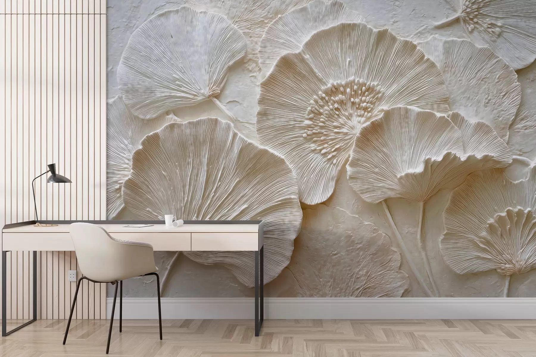wall murals Voluminous ginkgo leaves in a light embossed style w04444