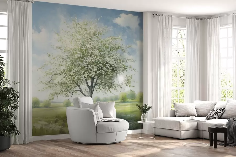 wall murals A lone tree in a field with white flowers w04445