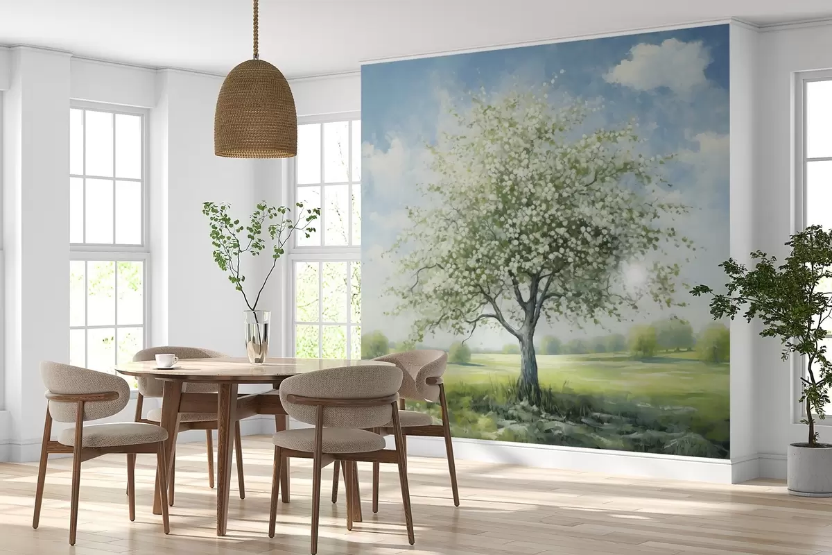 wall murals A lone tree in a field with white flowers w04445