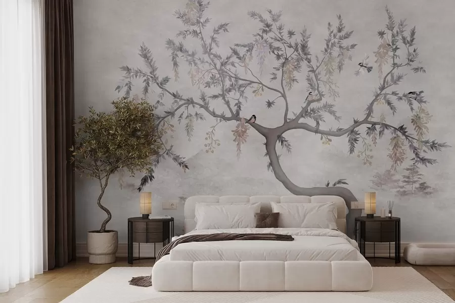 wall murals Tree branch with birds in oriental style w04456