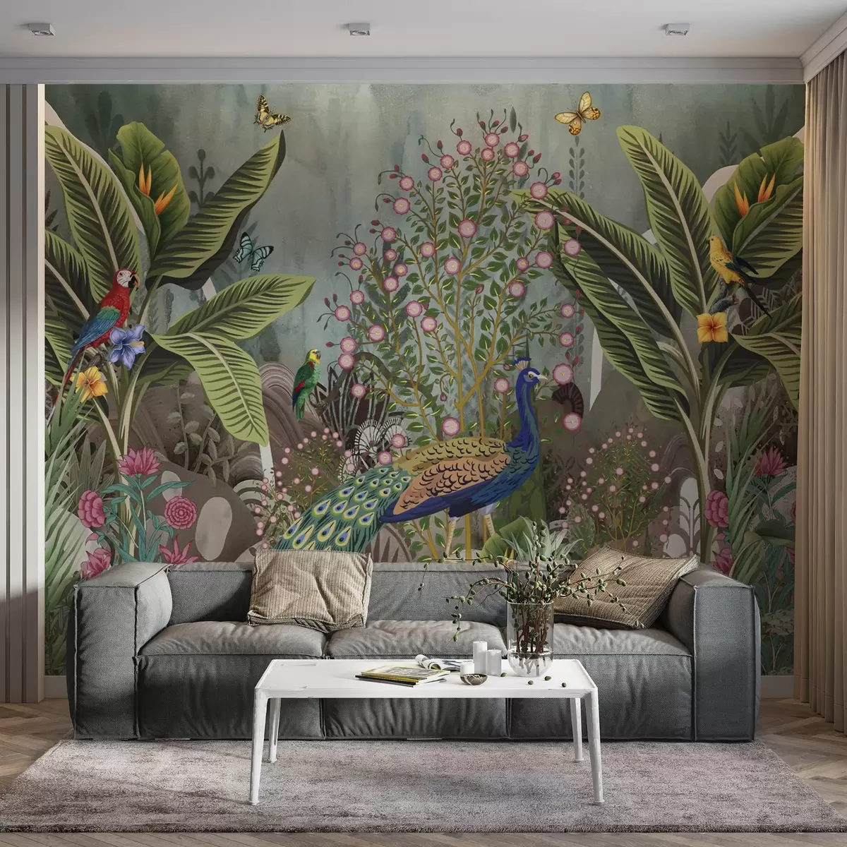 wall murals Bright tropical birds and peacock among exotic plants w04457
