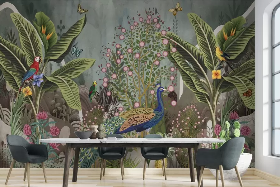 wall murals Bright tropical birds and peacock among exotic plants w04457