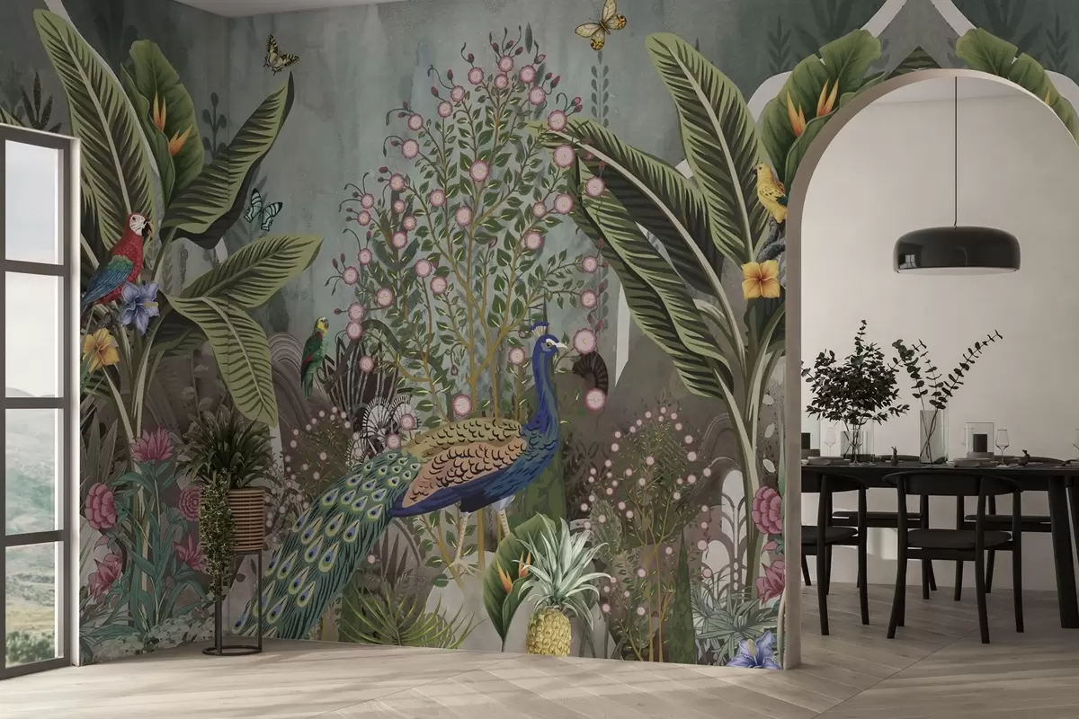 wall murals Bright tropical birds and peacock among exotic plants w04457
