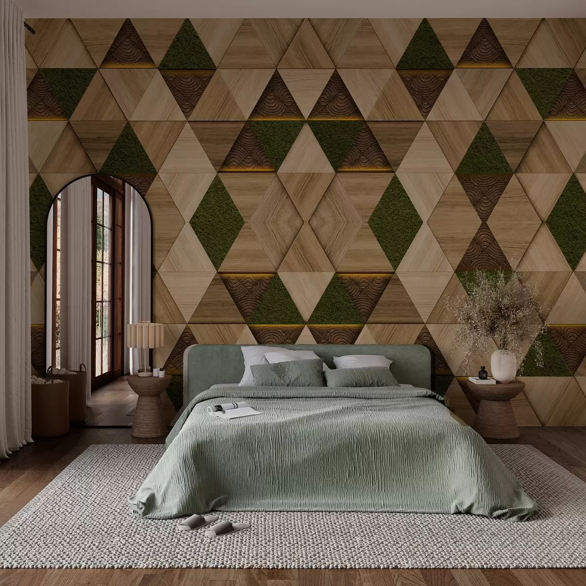 wall murals Geometric wooden ornament with moss w04459